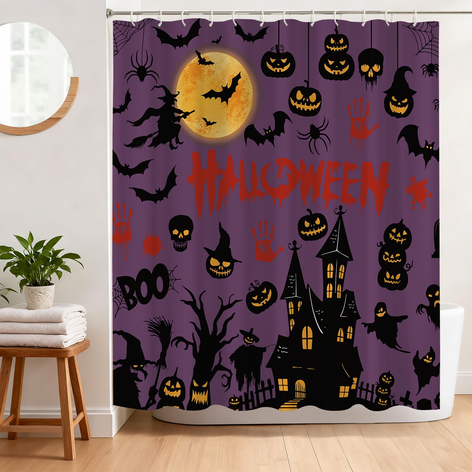 BREASOME Spooky Halloween Ghost Skull Pumpkin Shower Curtain 180 x 180 cm
