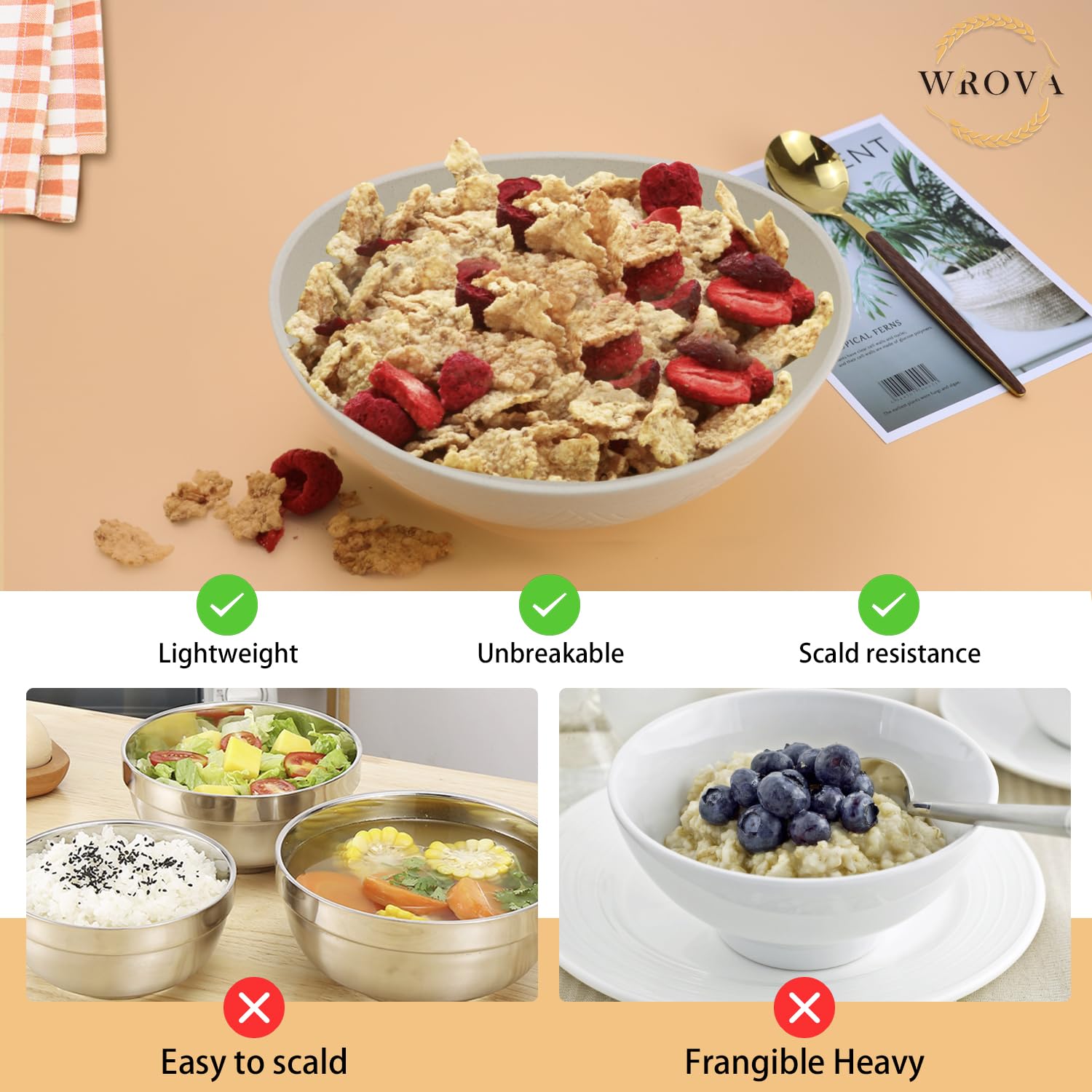 Wrova Juego de 6 cuencos de ensalada de 64 onzas, beige