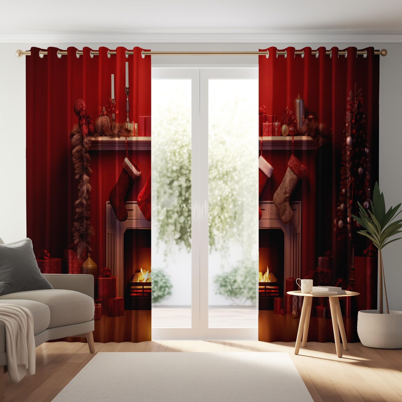 Nieprzezroczyste zasłony, czerwone, na przelotkach, na Boże Narodzenie, na choinkę, na kominek, z nadrukiem, wys. 245 x szer. 135 cm (2 sztuki) termoizolacyjne zasłony zaciemniające do sypialni