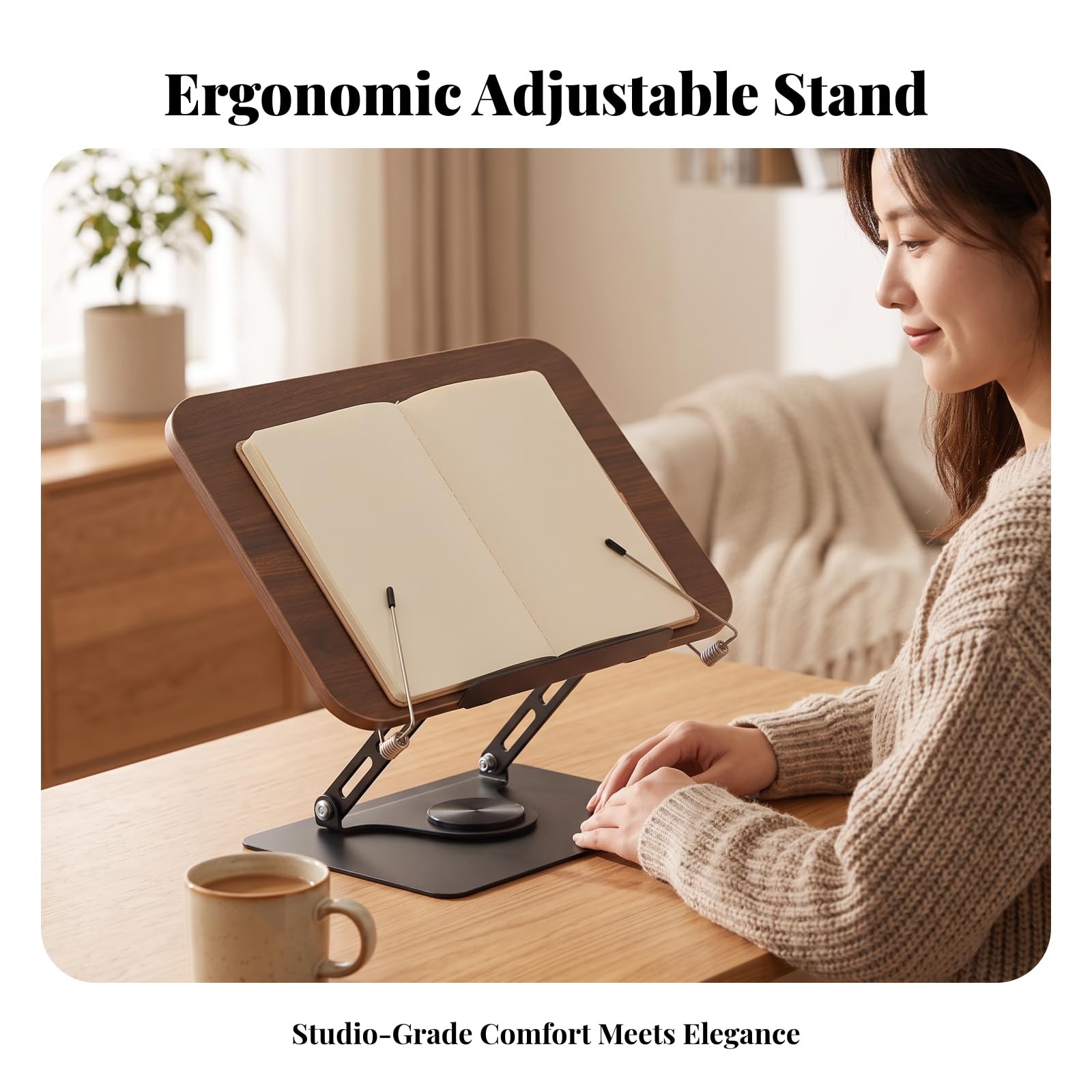 Atril para Libros con Brazo Ajustable Estable, Soporte para Libros con Base Giratoria, Multifuncional, Escritorio, Músicos, Marrón