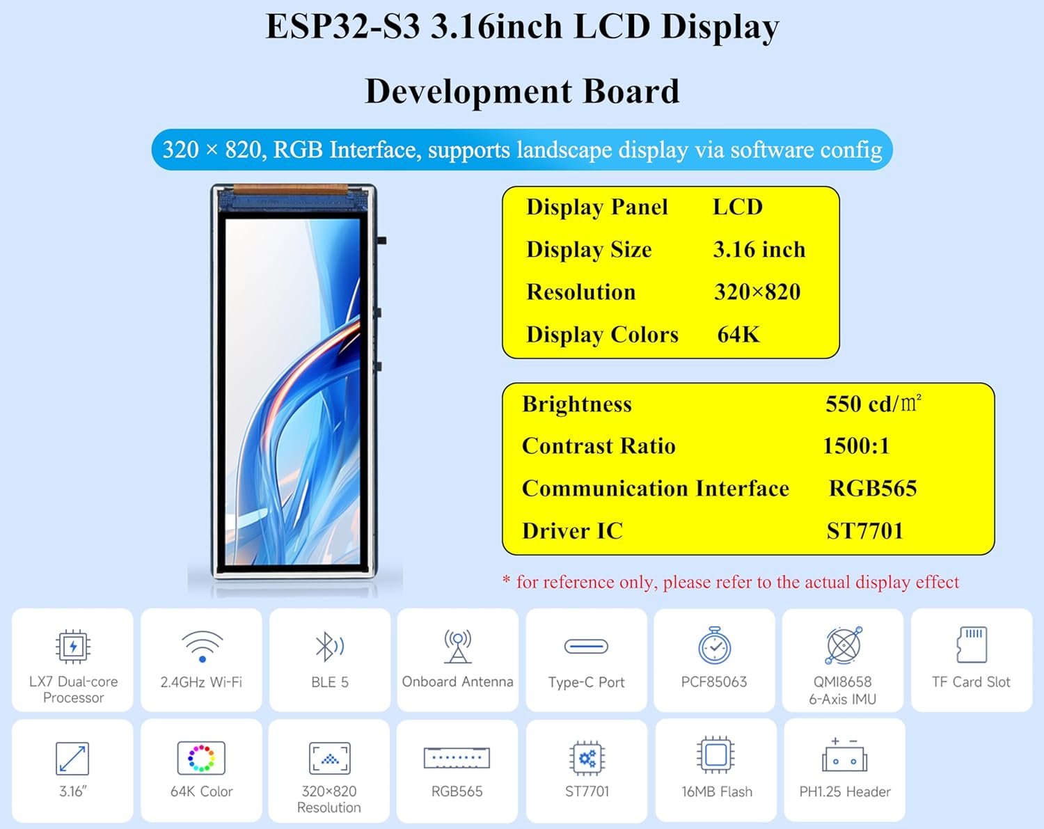 ESP32-S3 3.16inch Display Development Board, ESP32 with Display 320×820, 262K Color, 32-bit LX7 Dual-core Processor, WiFi & Bluetooth 5, RGB Interface, Support Landscape Display via Software
