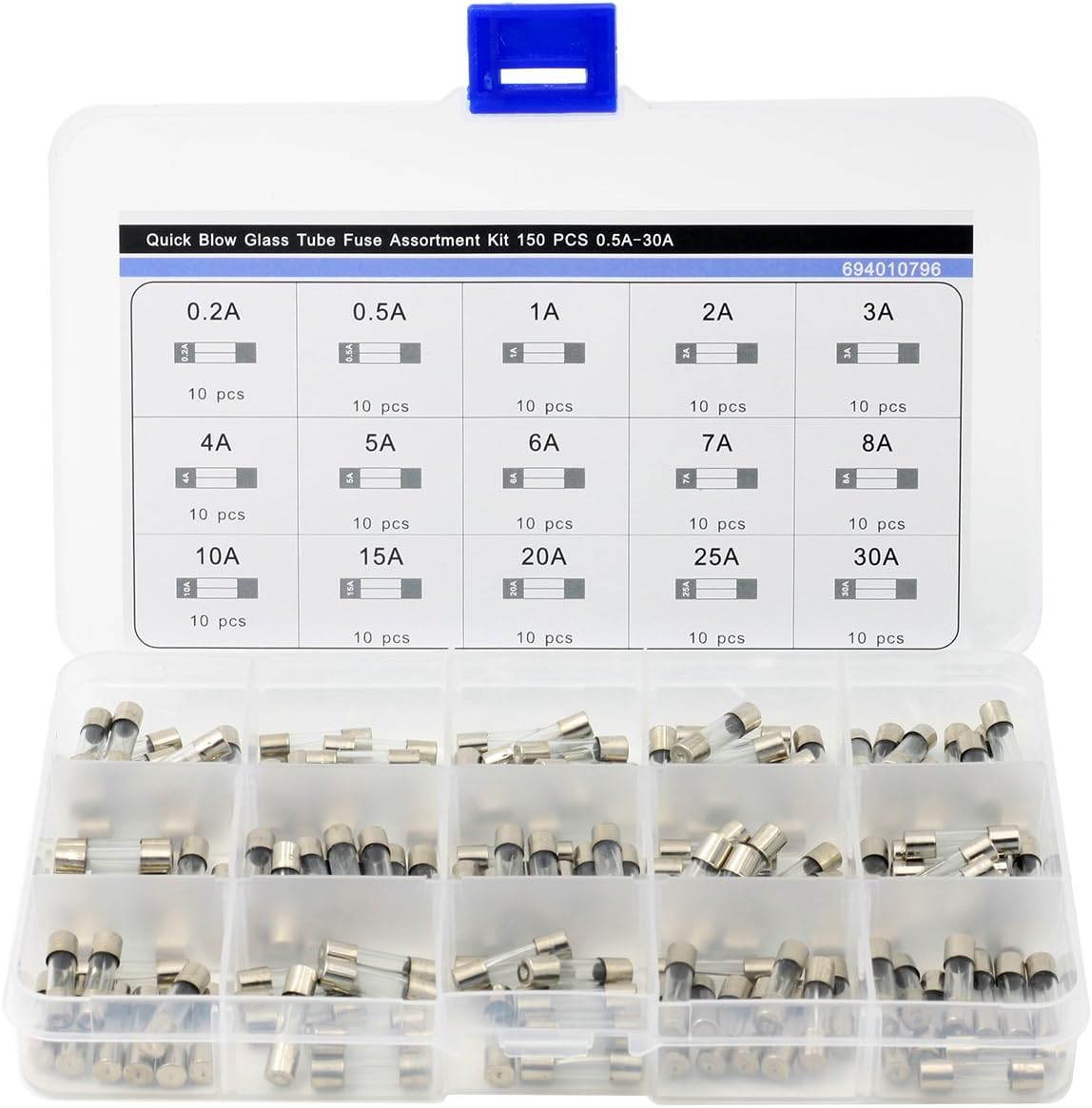 150pc Fuses Fast Quick Blow Glass Tube Fuse Assortment Kit 5x20mm 250v with Box