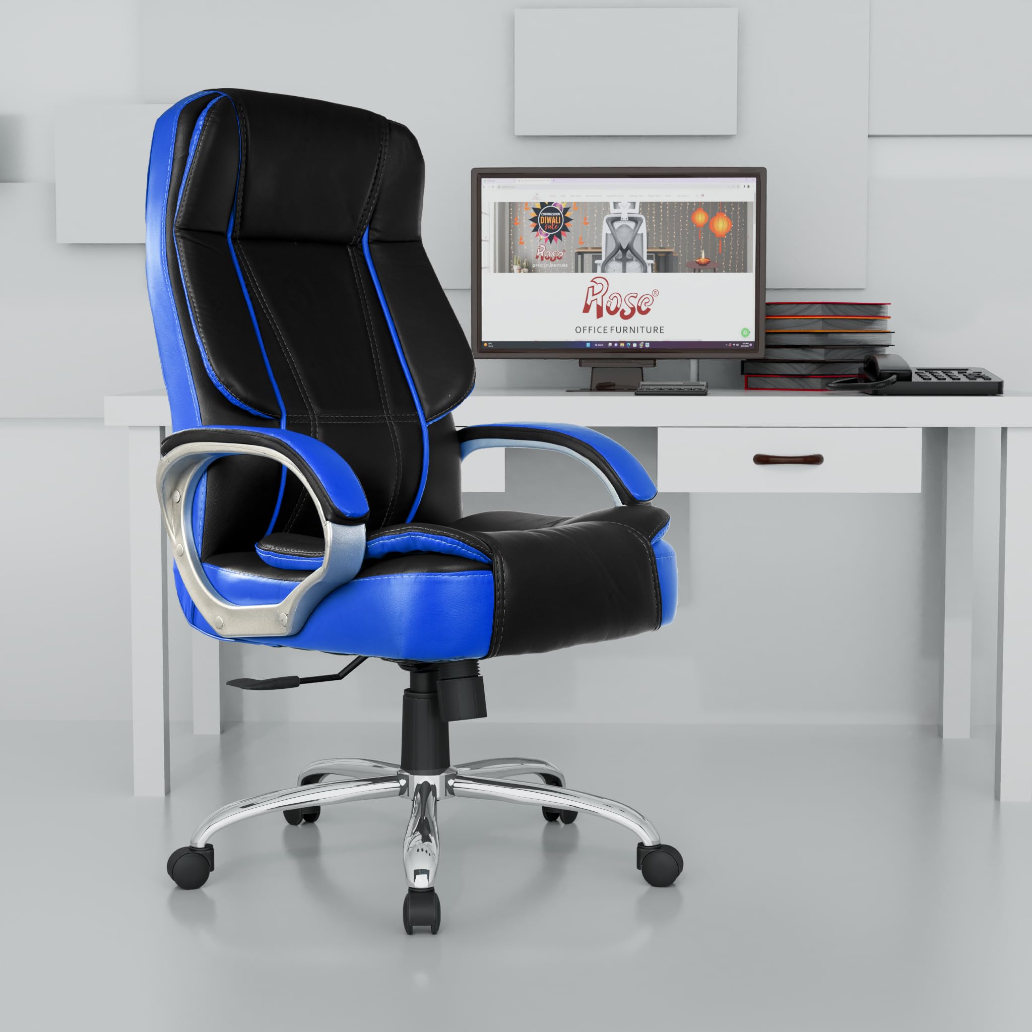 Rose Designer Chairs� SpaceX Leatherette Executive High Back Revolving Office Chair (Black & Blue)