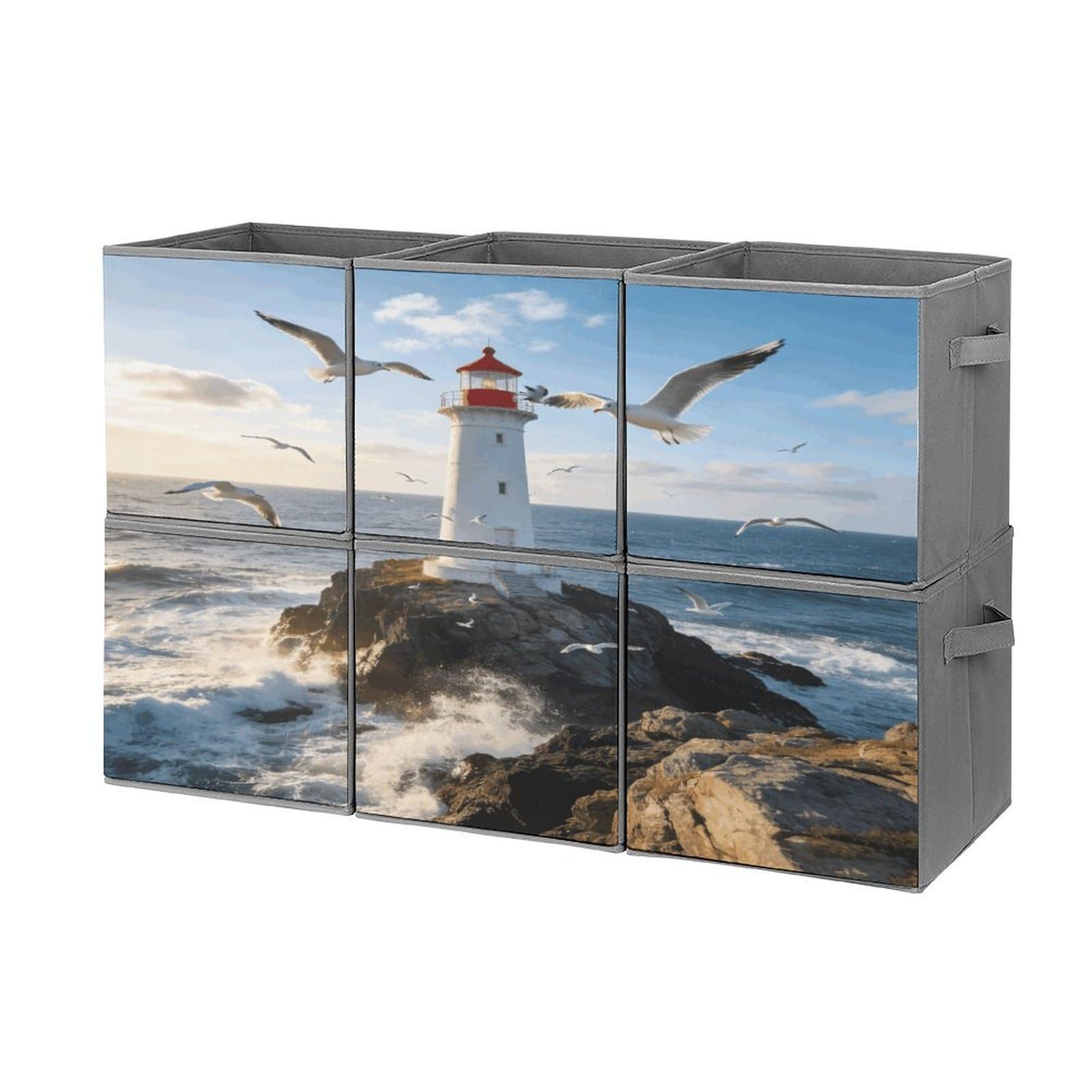 Fodpand Style Lighthouse Seagull Cube Bins With Double Handles,Set Of 6 Cube Organizer, Stackable And Foldable Storage Bins For Organization, Closet, Shelves, Offices