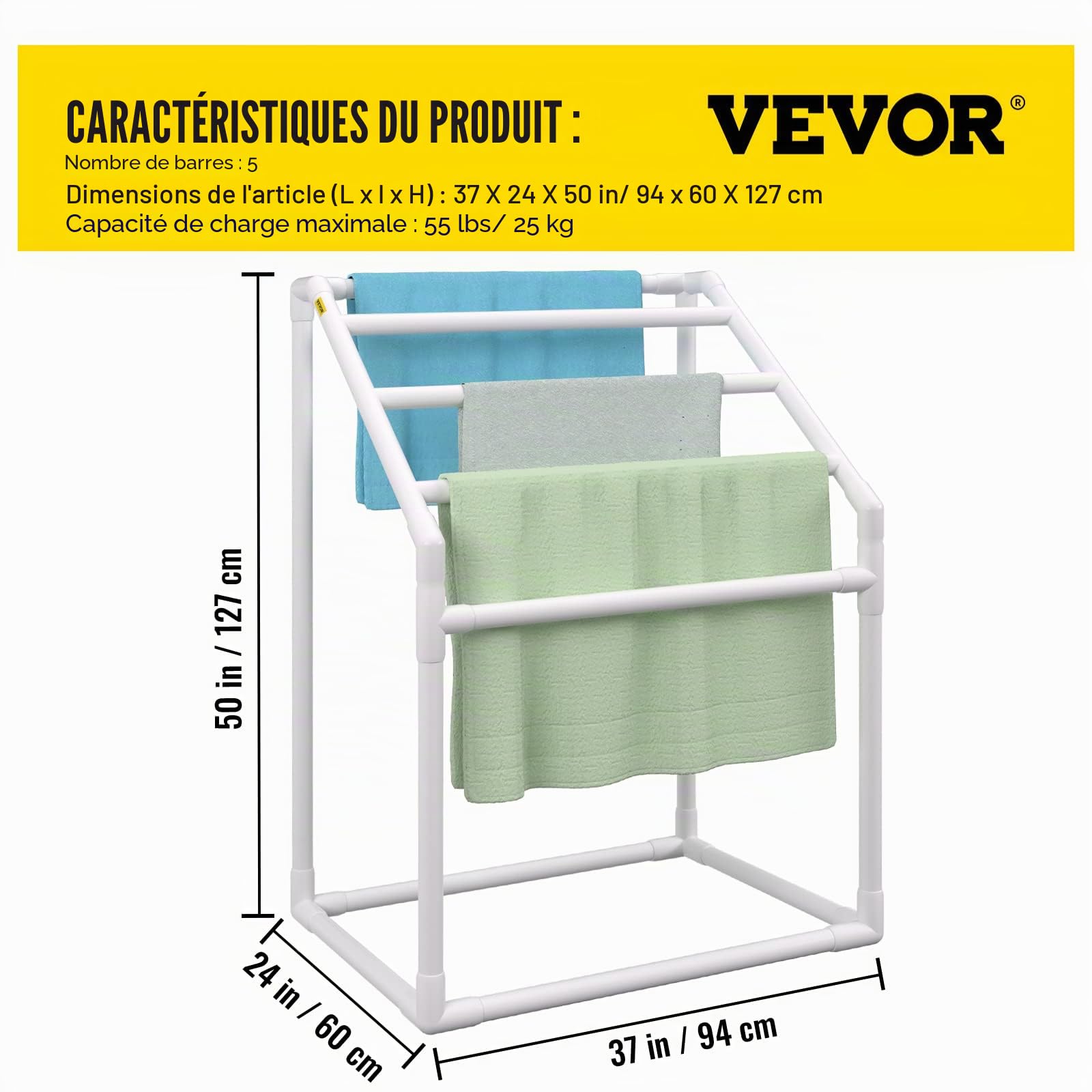VEVOR Porte-Serviettes sur Pied à 5 Barres Range-Serviettes de Bains Support pour Serviettes en PVC Charge 25 kg Facile à Assembler Organisateur pour Piscine Salle de Bain Spa Extérieur Intérieur