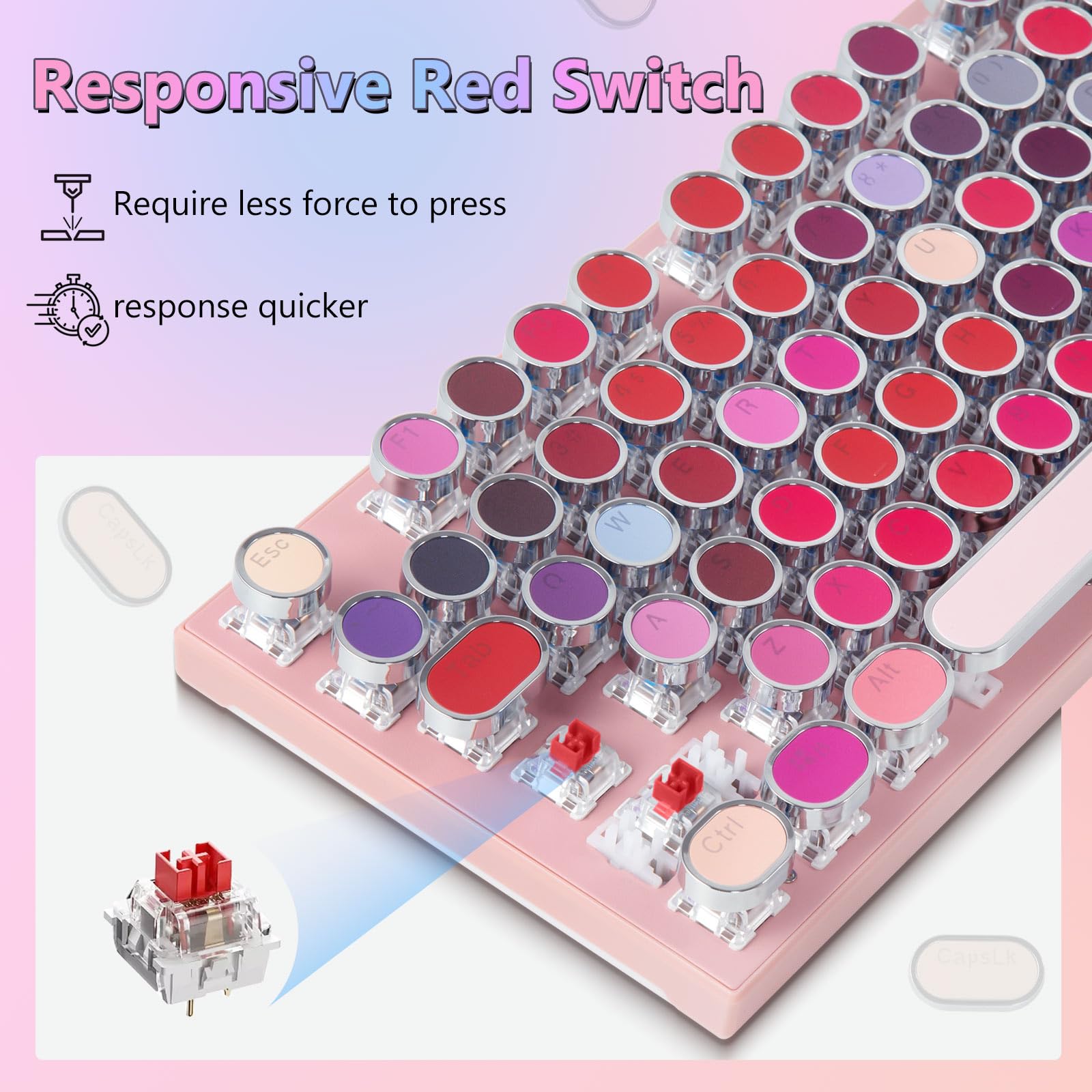 HUO JI - Teclado mecánico para juegos con luz lateral RGB y retroiluminada arcoíris, estilo retro, interruptores rojos, panel de metal, lápiz labial, 104 teclas para Mac, PC, lindo rosa