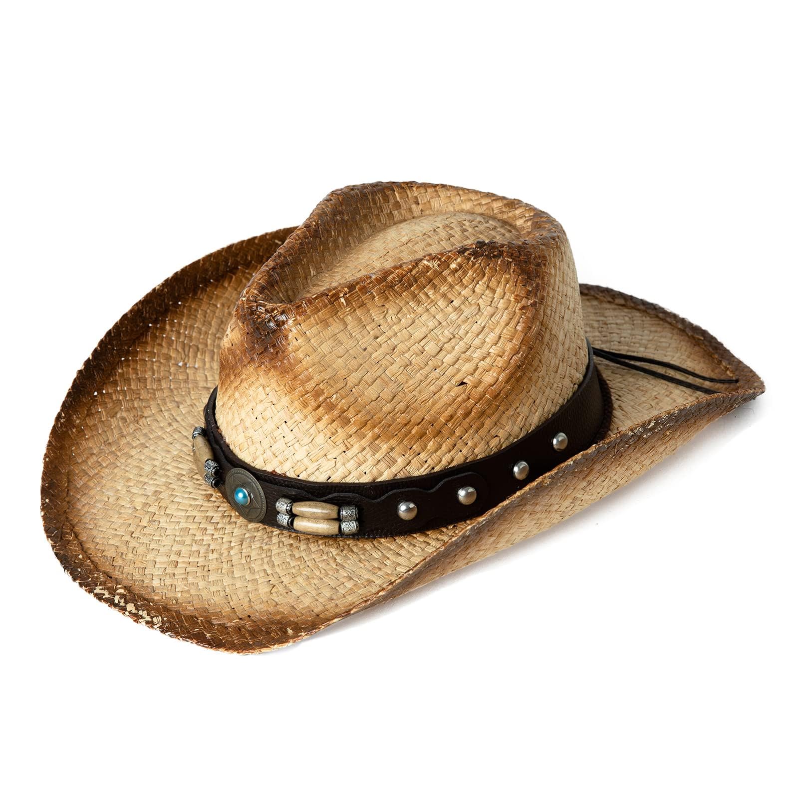 Western Style Round Cowboy Straw Hat Ladies Fedora Chin Cord Vegan Leather  Band Shapeable Brim Beach Cowgirl