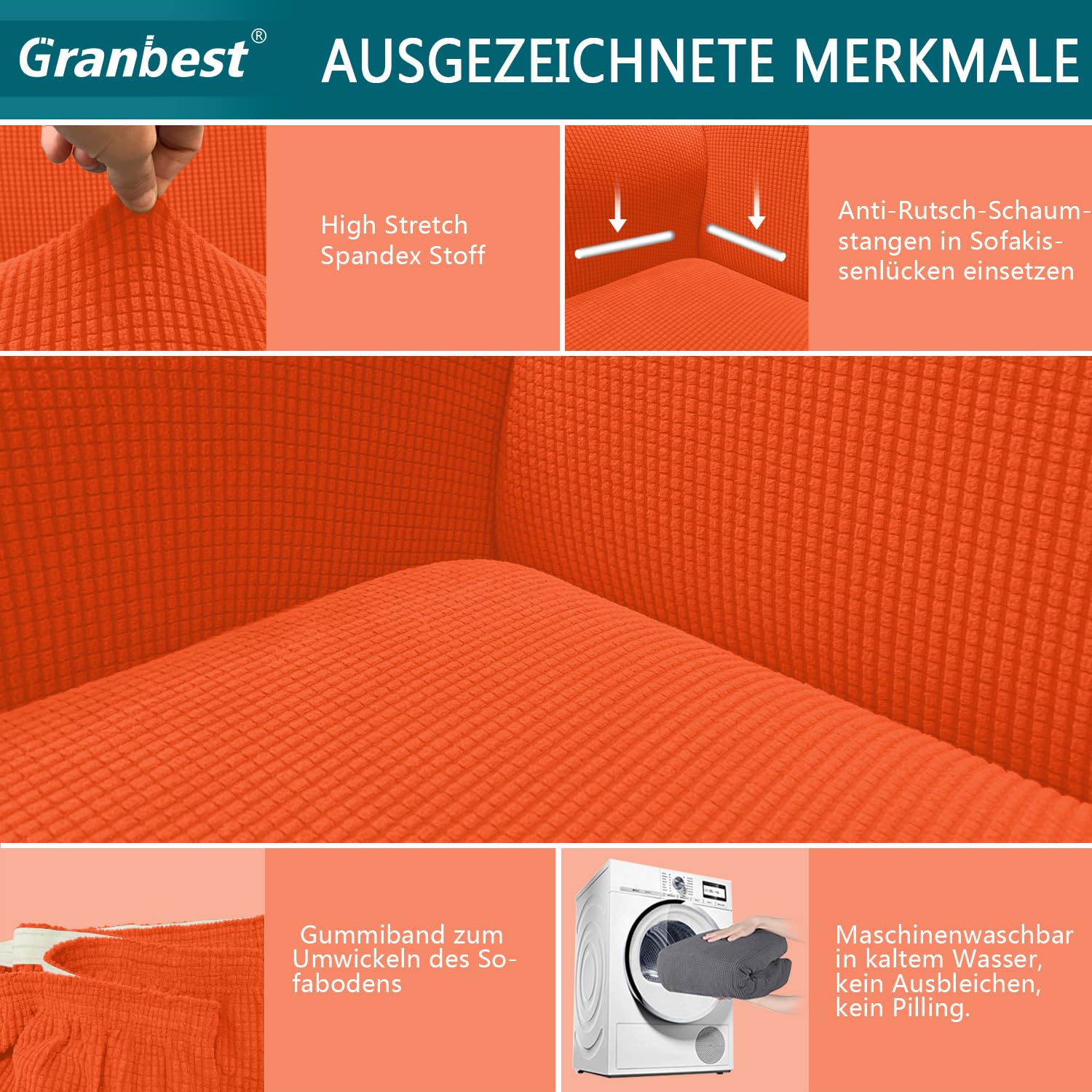 Granbest - Copridivano altamente elasticizzato, moderno, jacquard, per soggiorno, protezione per cani e animali domestici, 4 posti, arancione