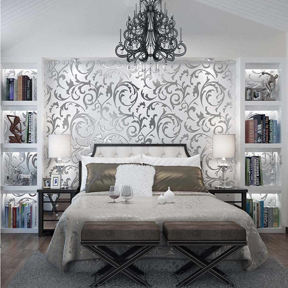 Papier peint intissé haut de gamme à motif feuilles de Scabiosa argenté