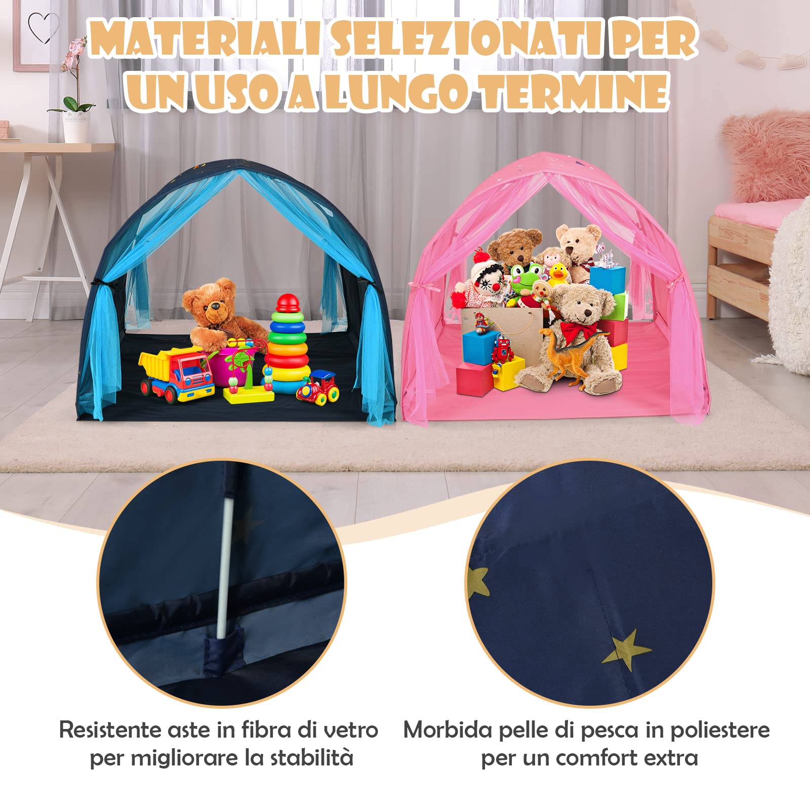 COSTWAY Tenda da Gioco per Bambini, Tenda per Letto con Borsa di Trasporto, Casetta per Bambini Portatile, per Camera da Letto Salone Giochi, 144 x 102 x 82 cm (Blu)