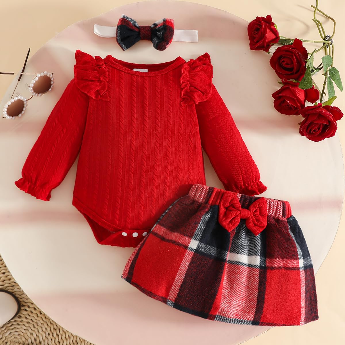 Baby Mädchen Herbstrock Outfits Rüschen Langarm Strampler Plaid Rock mit Stirnband Süße Neugeborenen Kleidung Set 0-18M