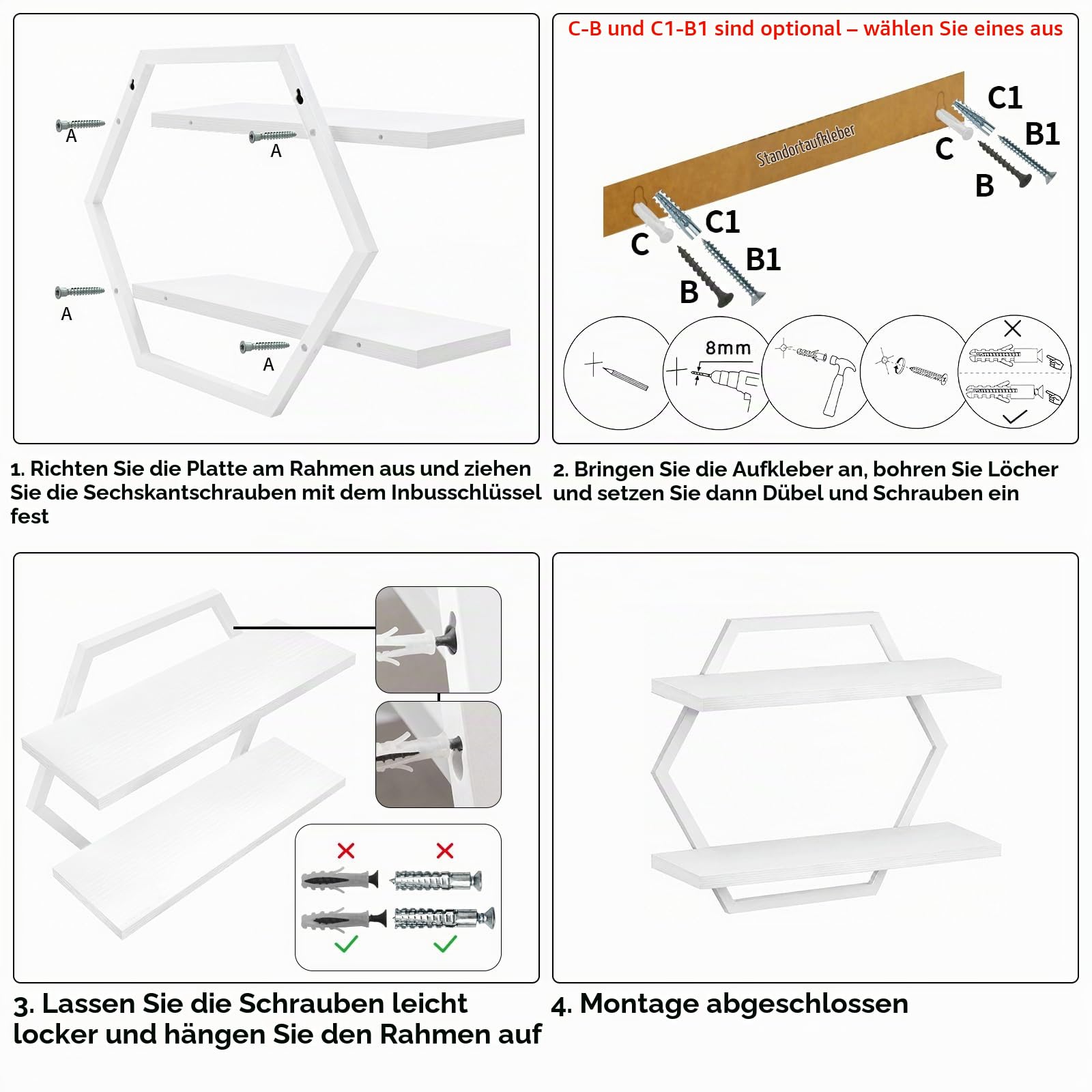 Lermende Wandregal Holz und Metall, 2Pcs Schweberegal Hängeregale-Weiß