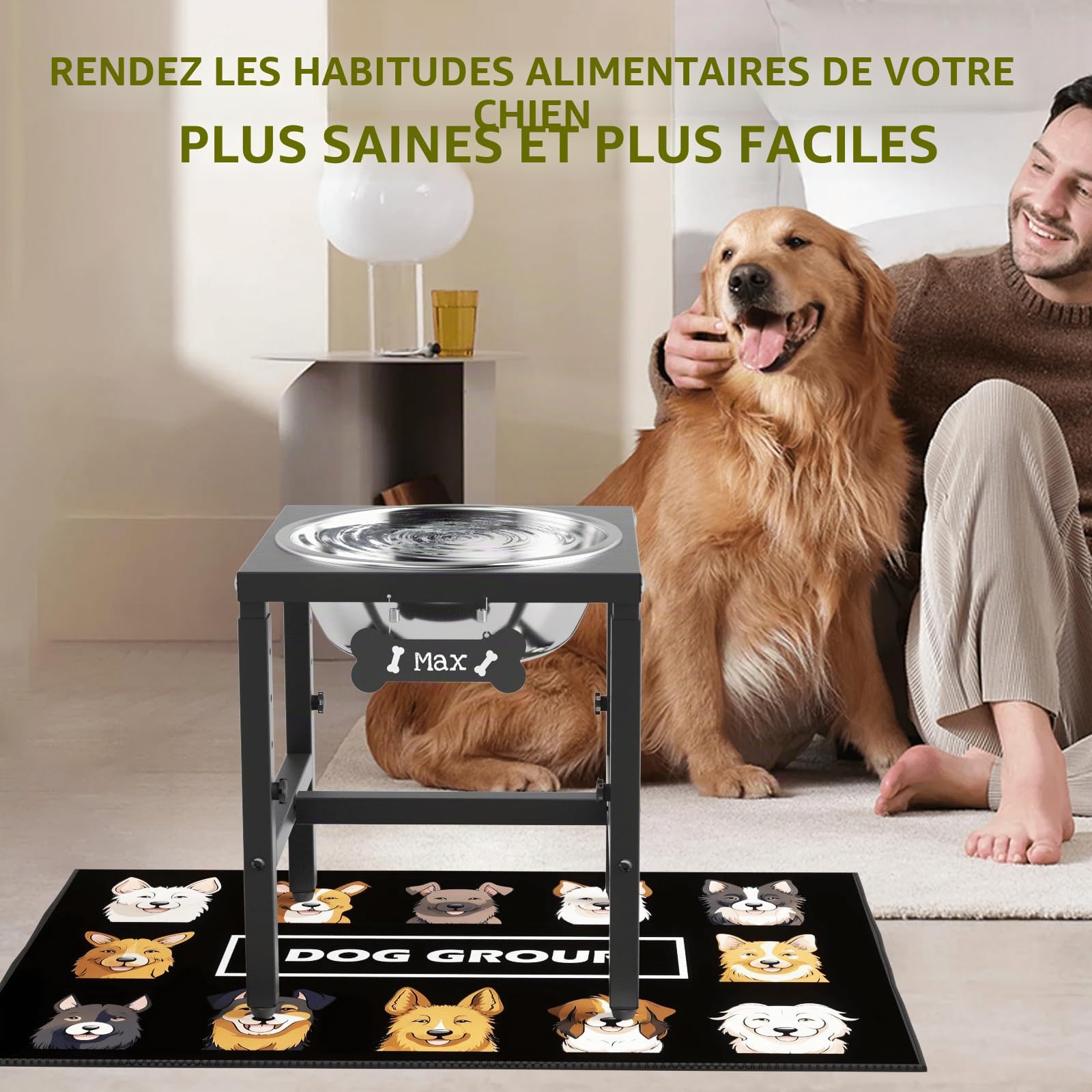 ADENGL Gamelle d'eau surélevée de 5 litres pour grands chiens, 4 hauteurs réglables (33 à 45,7 cm), bol surélevé en acier inoxydable avec tapis anti-déversement et support en métal robuste, mangeoire