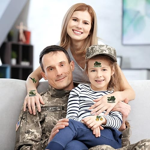 Miniatura 7 de 144 hojas de tatuajes de camuflaje camuflaje del ejército recuerdos de fiesta militar tanque helicóptero tatuajes falsos pegatinas para hombres y