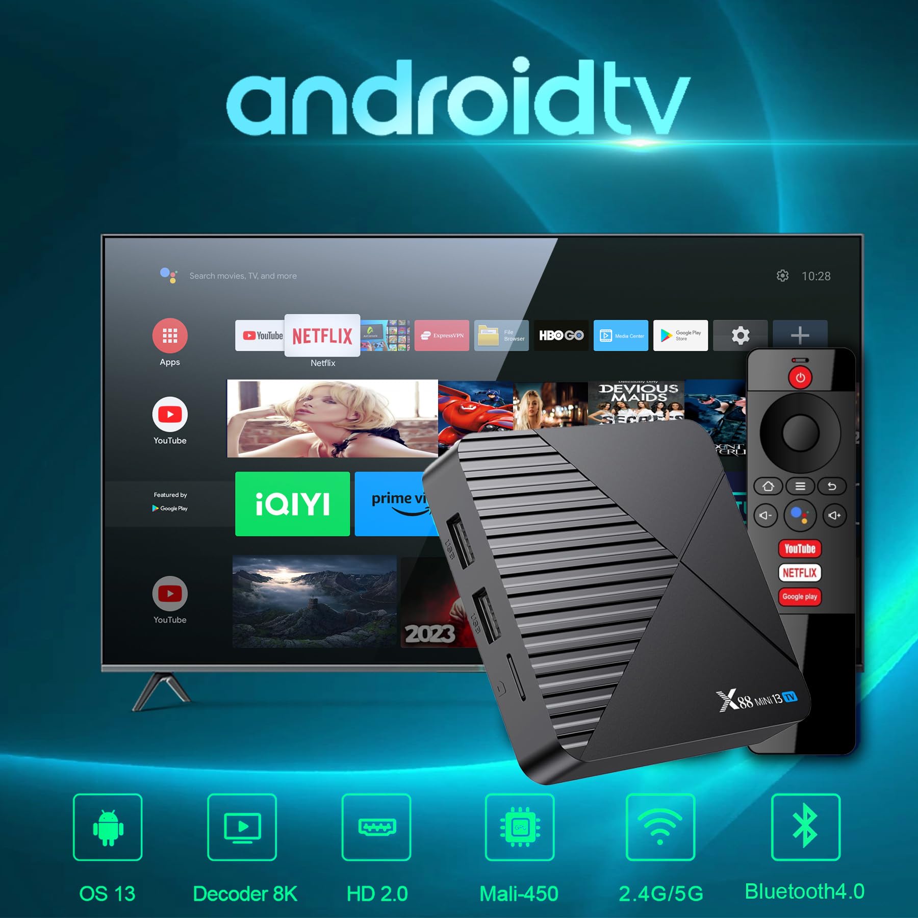 RUPA Android TV Box 13.0, 8K Ultra HD Android Box mit RAM 4G ROM 32G Soporta WiFi6 Enternet 10/100M Bluetooth 5.0 USB 3.0 HDMI 2.0 TV Box
