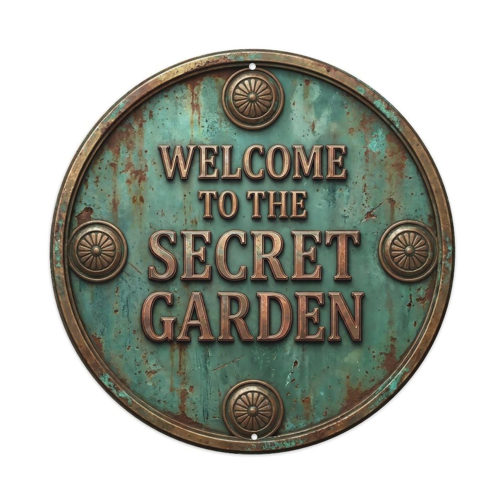 Vintage Welcome Secret Garden Geared Wheel Metal Tin Sign