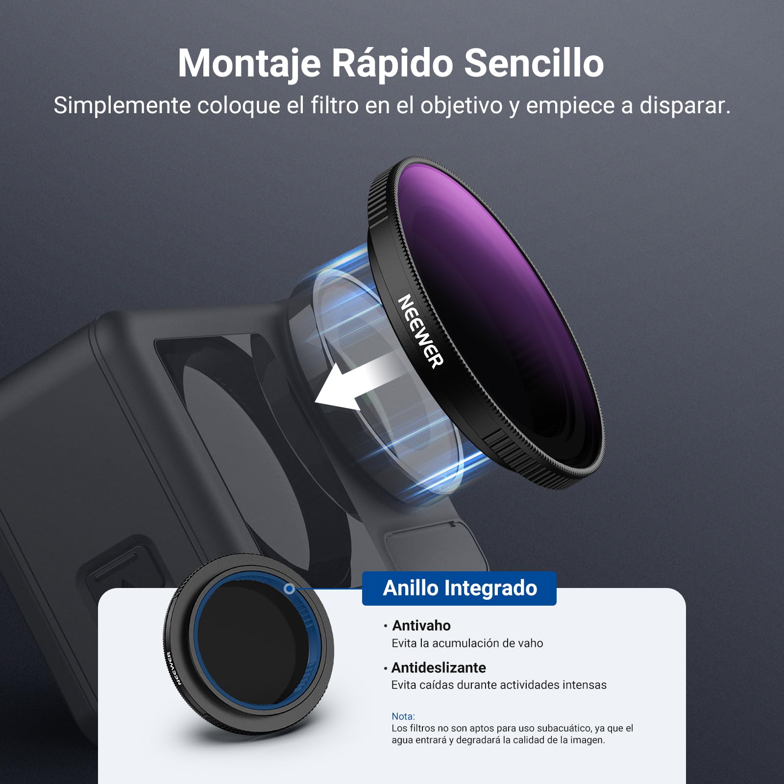 NEEWER Variable ND Filtro Compatible con dji Osmo Action 5 Pro/4/3, ND64-256 6-8 Pasos Snap On Cristal Óptico HD Vidrio Multicapa Densidad Neutra Action CAM Objetivos Filtro Accesorios