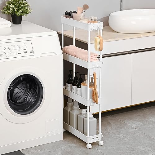 Miniatura 3 de TOOLF Carrito de almacenamiento delgado con ruedas, organizador de baño de 4 niveles, carrito utilitario con ruedas con ganchos, organizador de