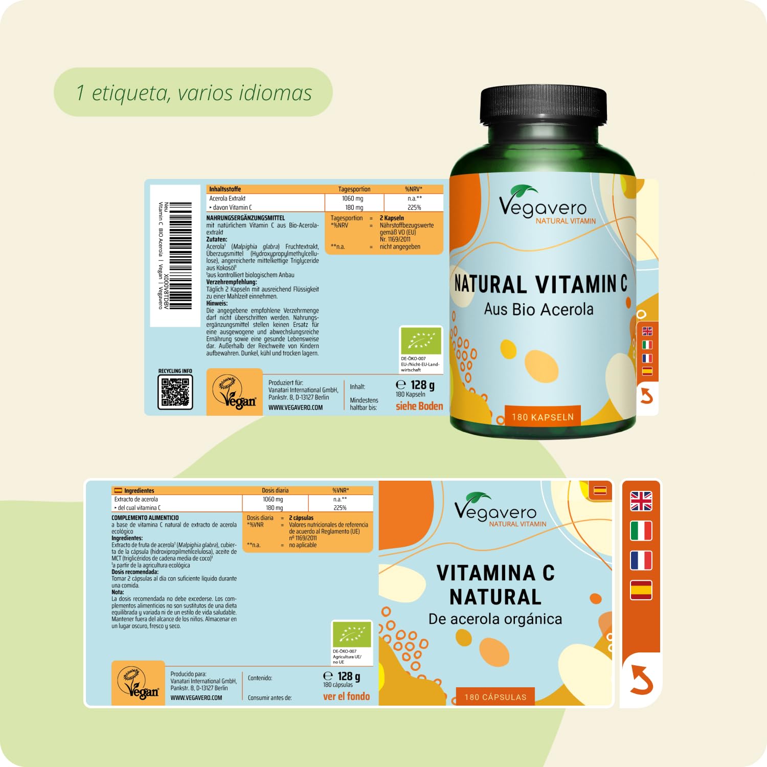 BIO Vitamina C Natural Vegavero | 180 mg | 180 Cápsulas | Sin Aditivos Artificiales | De Extracto de Acerola Orgánica de Brasil | Sistema Inmunitario | Testado en Laboratorio | Apto para Veganos