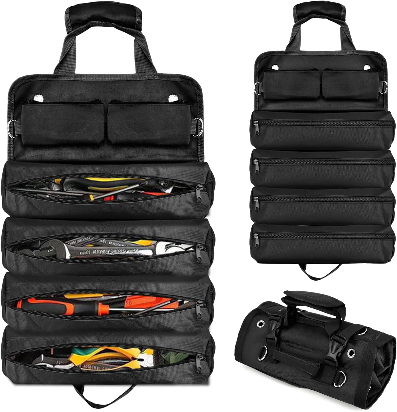 Roll Up Tool Bag, Heavy-Duty Waterproof Tool Roll Organizer with 4 Compartments and 2 Detachable Zipper Pouches, Compact Tool Storage for Mechanics, Electricians, RV and Motorcycle (Black)