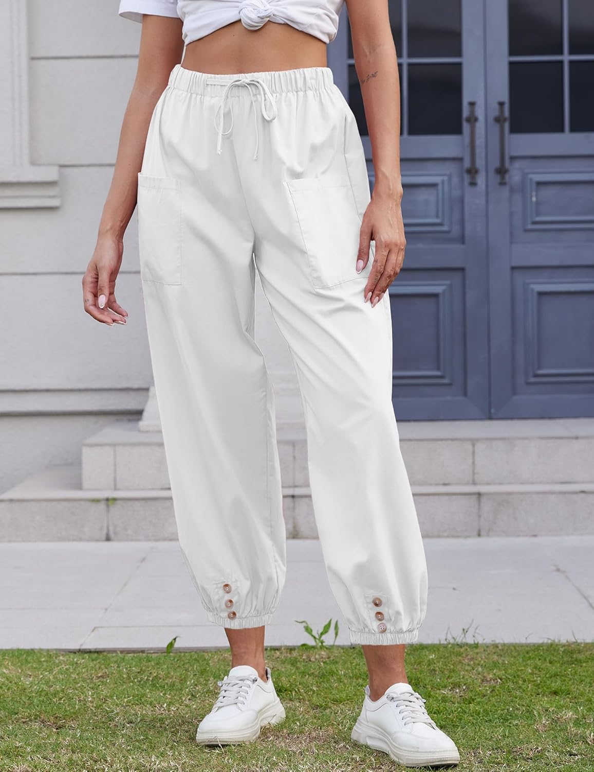 Women Capri Pants Lounge Drawstring High Elastic Waist Wide Leg Quick Dry Pants Cinch Bottom Trousers - Image 3