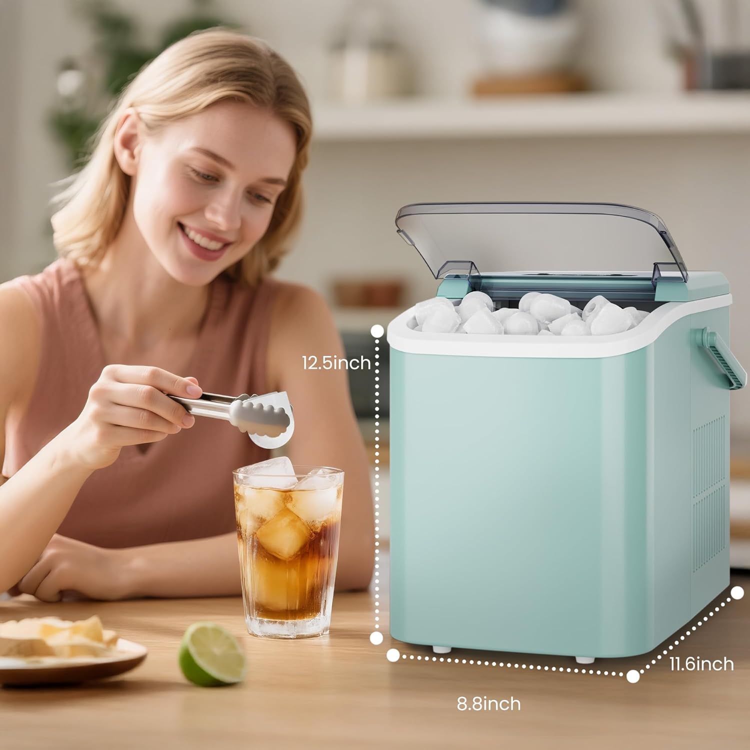 DUMOS Countertop Ice Maker with Handle, 26lbs/24H Portable Ice Machine, 9 Bullet Cubes Ready in 6 Mins, Self-Cleaning, Quiet Compact for Home, Kitchen, RV, Camping, Green - Image 4