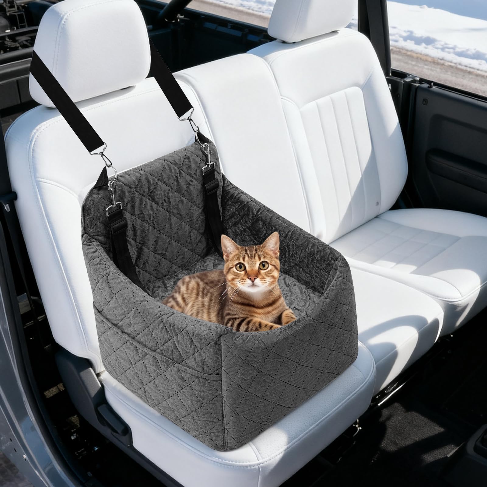 Asiento de coche para perros pequeños/medianos de menos de 15 kg, asiento de coche para mascotas desmontable y lavable, con 3 cinturones de seguridad y acolchado, cama para perro, color gris