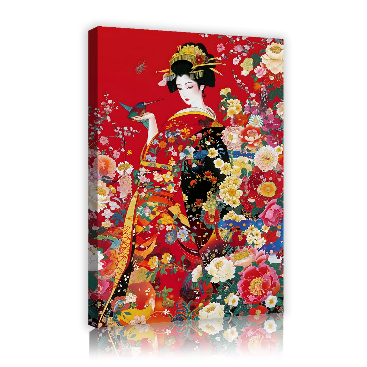 Via Vela Vintage Japanese Wall Art Japan Geisha Women Pictures Canvas Painting Peony Cherry Blossom Red Artwork Print for Living Room Bedroom Bathroom Home Office Decor 70x105cm