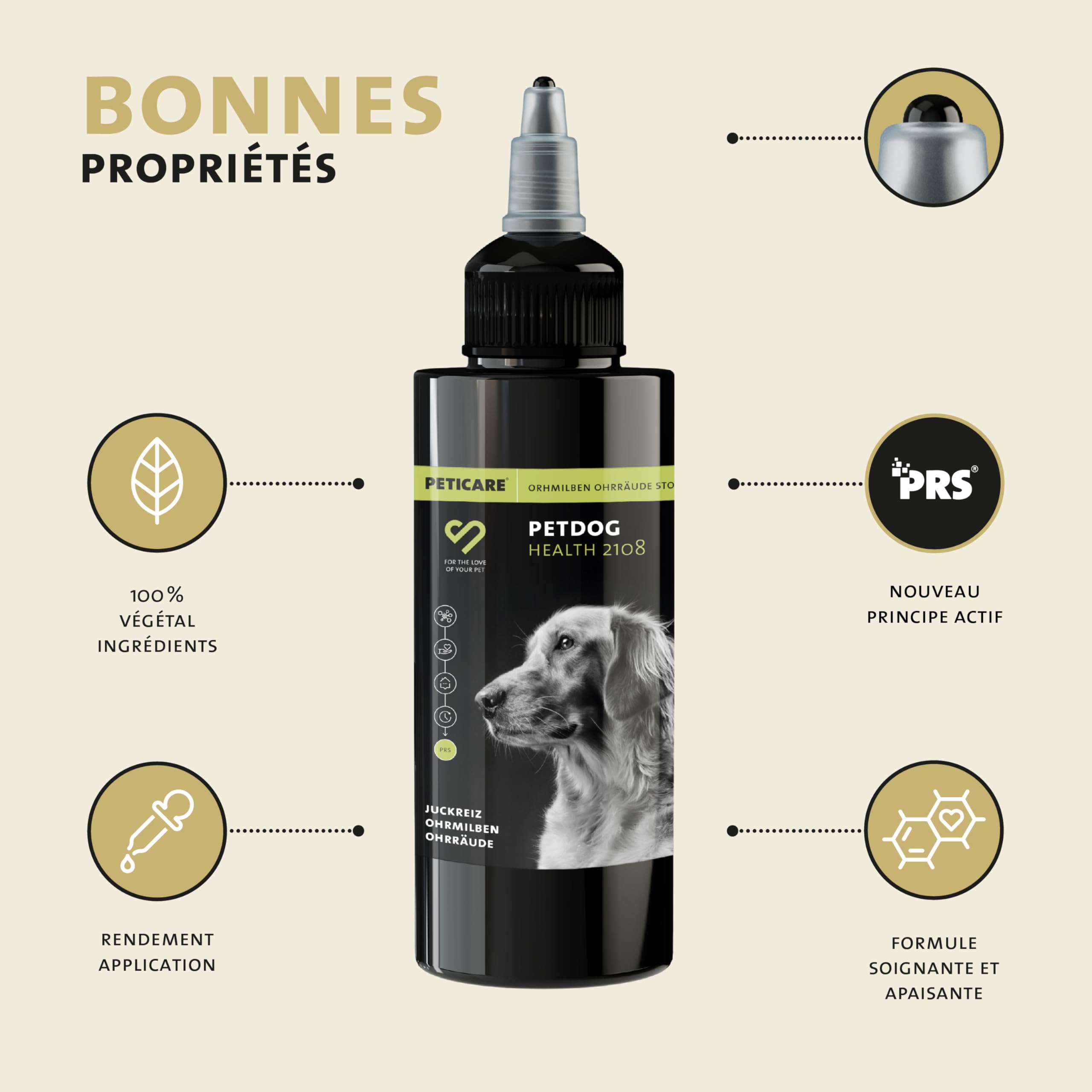 Peticare Chien Traitement Anti-Acariens des Oreilles - Nettoyant Auriculaire, Gouttes Efficaces Contre Parasites, Soulage Inflammation, Solution Démangeaisons de l'oreille - petDog Health 2108