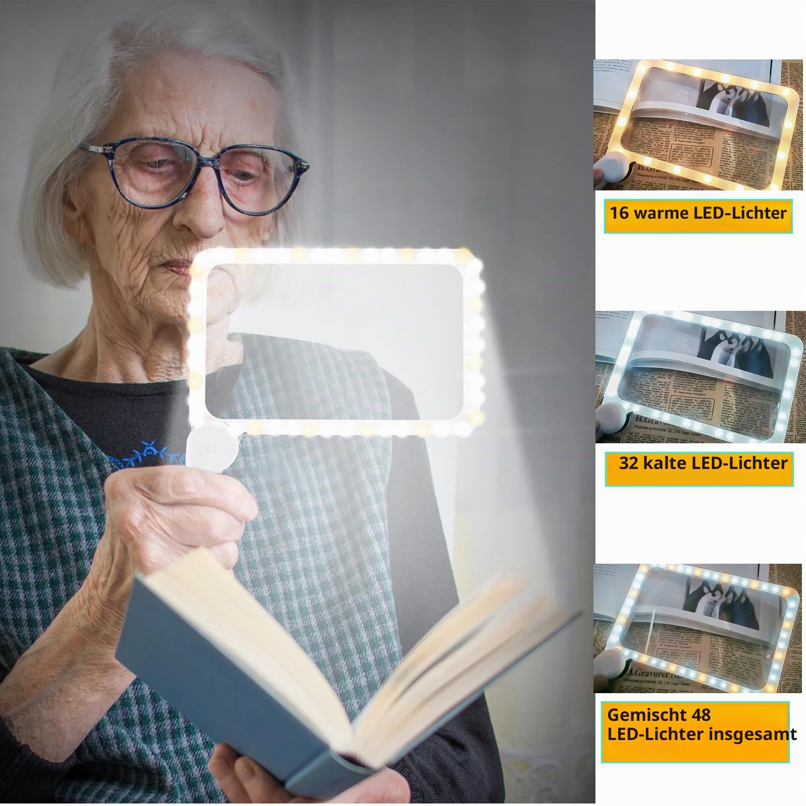 Lupe mit Led Licht, 5X Leselupe mit Beleuchtung Für Senioren Groß, Handlupe Rechteckige Ganze Seite Lupenbrille 48 Leds 3 Dimmmodi, Leselupen Ideal Zum Lesen, Bücher, Arbeit, SehschwäChe, Schwarz