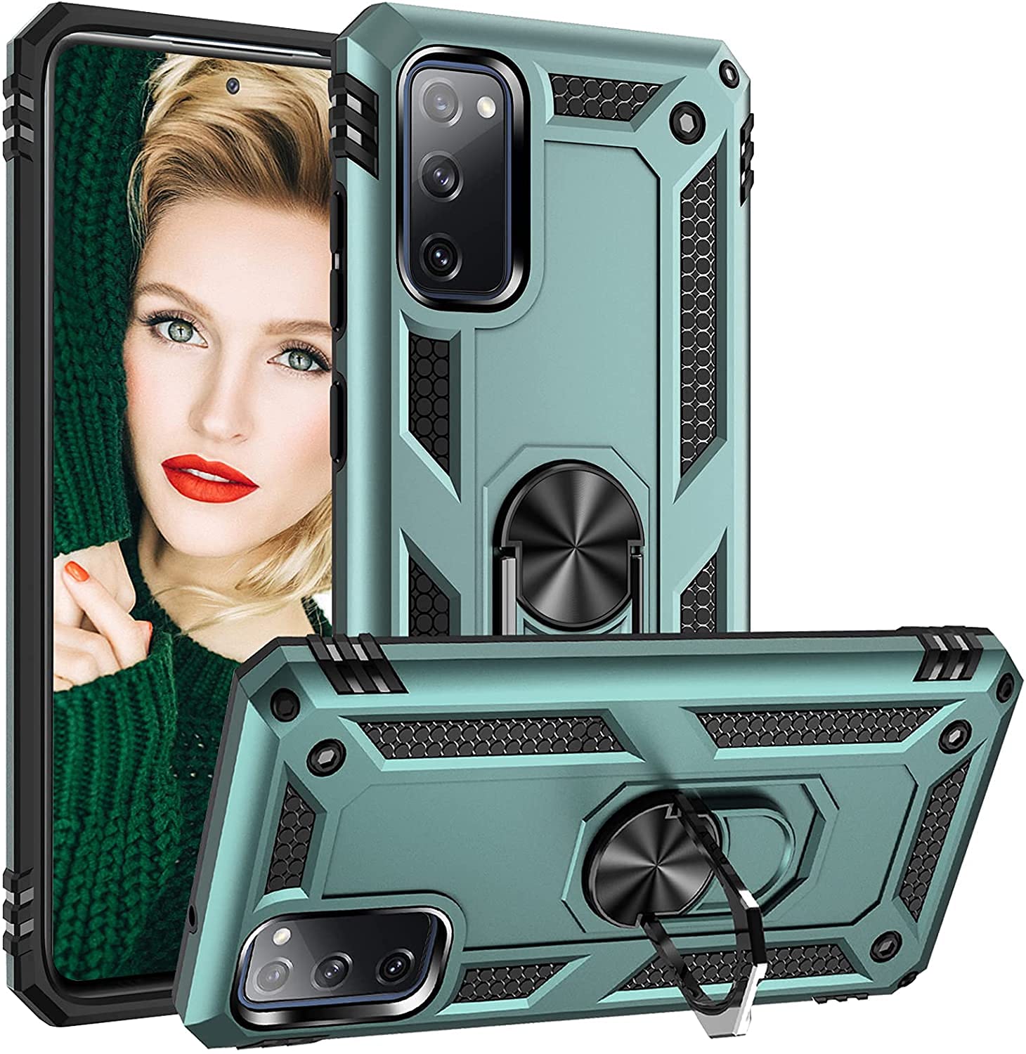KASTWAVE Compatible for Samsung Galaxy S20 FE 5G Case Rugged Military Grade Shockproof Anti-Drop Phone Case S20 FE Cover Case Ring Holder Kickstand Cover Case for Samsung Galaxy S20 FE (Green)