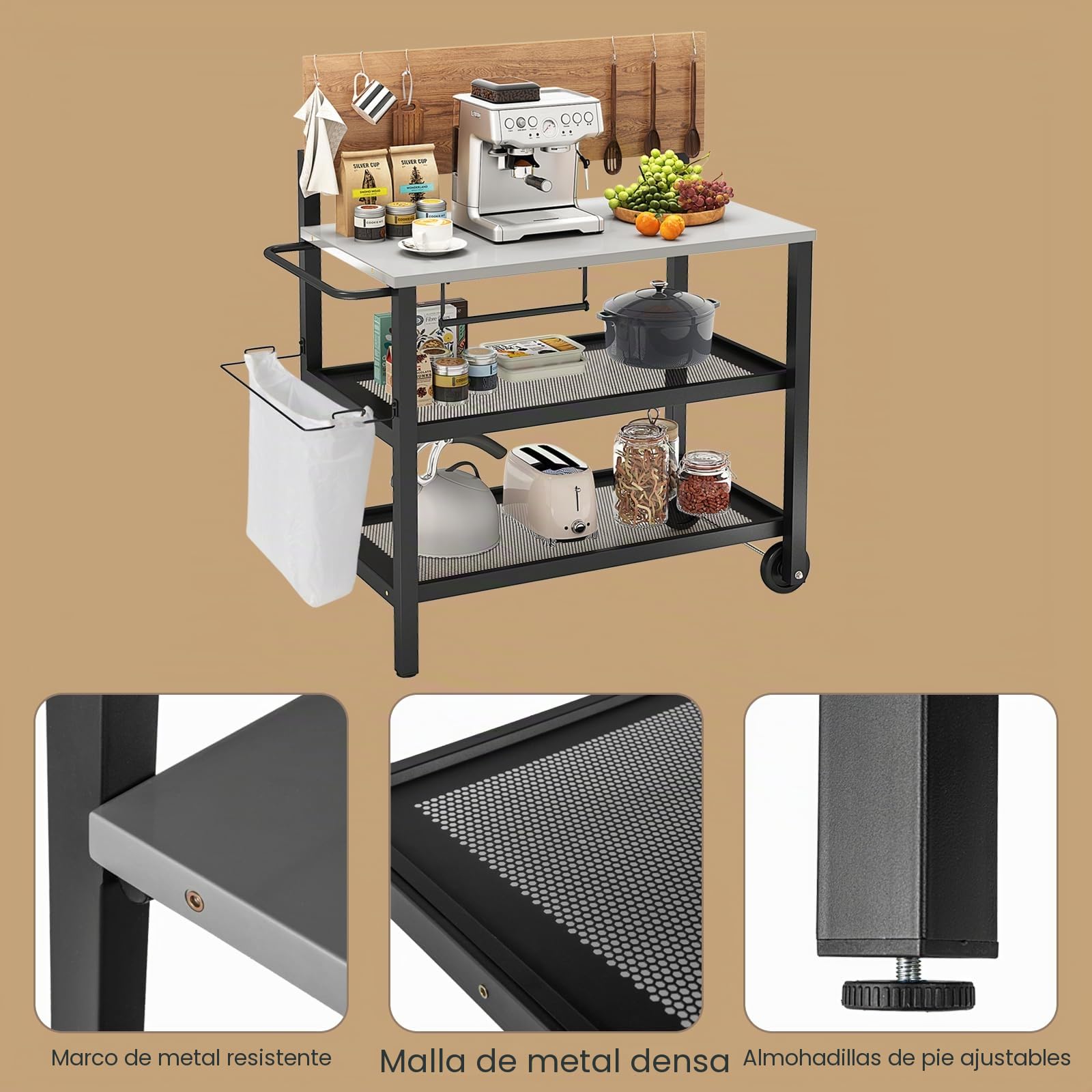 KOMFOTTEU Carro de Barbacoa con Tablero Plegable, Carrito de Servicio de 4 Niveles con 6 Ganchos, Toallero, Soporte para Bolsas de Basura, Carro para Parrilla de Metal con Ruedas