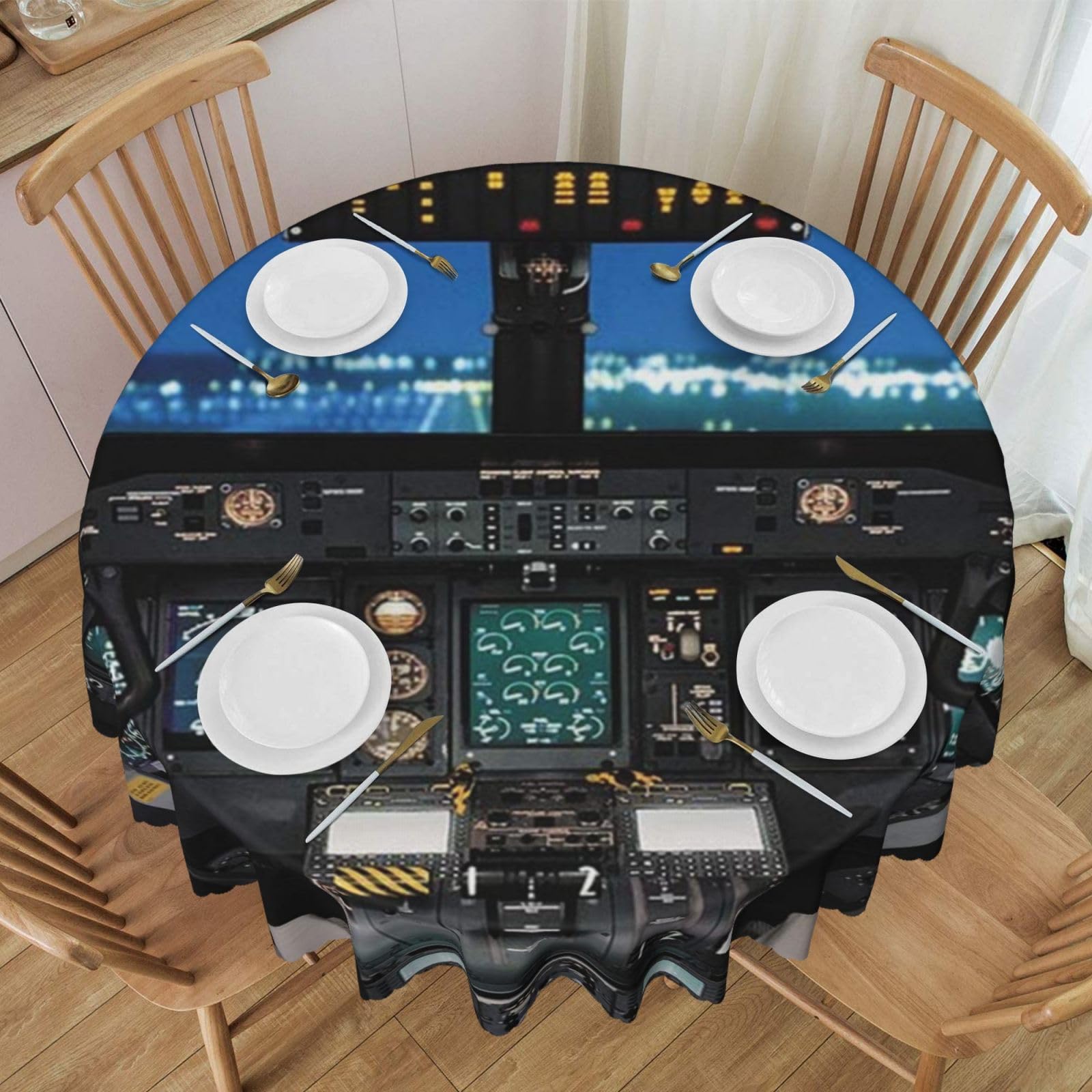 DCEHGEW 60 In Round Tablecloth with Lace, Airplane Cockpit Printed Oilproof & Washable Fabric Picnic Table Cloth Table Covers