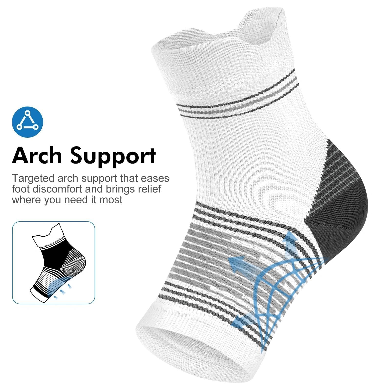 Calcetines para fascitis plantar (6 pares) para hombres y mujeres, mangas de compresión para pies con soporte de arco y tobillo (blanco, M)