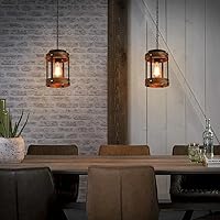 Vista 2 de Rustic Farmhouse Wood Pendant Light Fixture One-Light Adjustable Chain Oak Wood and Metal Lantern Drum Small Pendant Lighting for Kitchen Island