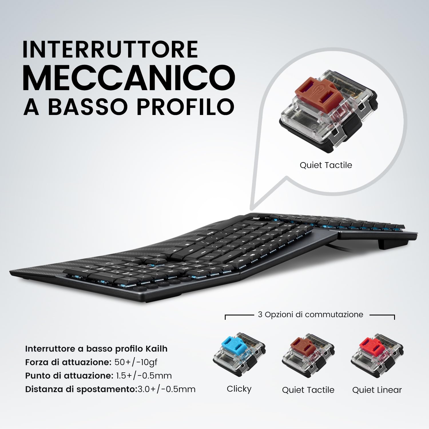 Perixx PERIBOARD-835RD – Tastiera Meccanica Wireless Ergonomica RGB, Switch Lineari Rossi Profilo Basso, Multi-Dispositivo (Windows/Mac), Layout Italiano