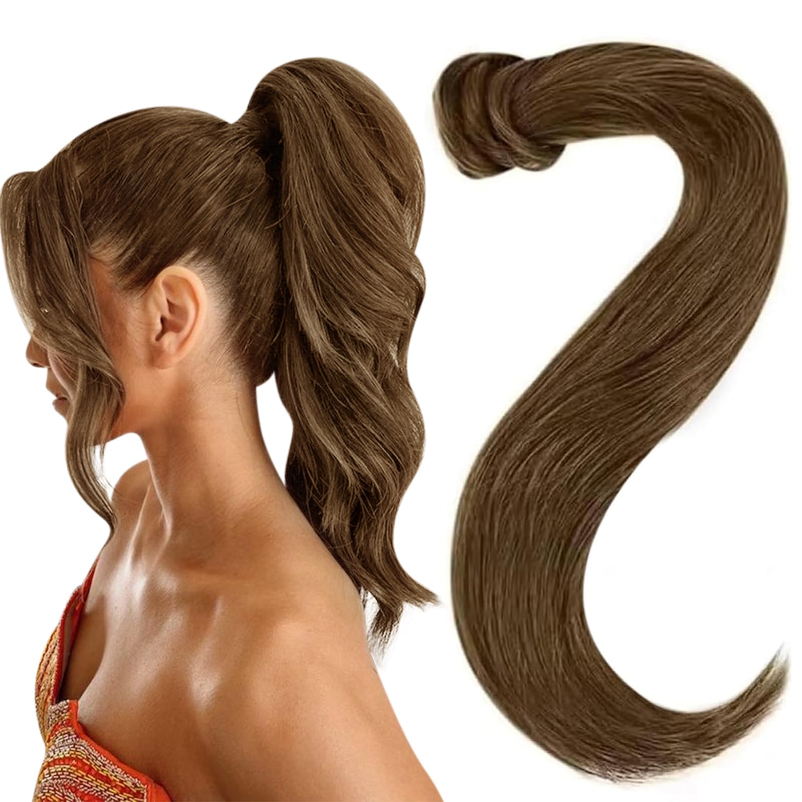 Easyouth Ponytail Hair Extension Brown Human Hair Ponytail Extensions Wrap Around Ponytail Human Hair Extension Medium Brown For Daily Life 16Inch 80g
