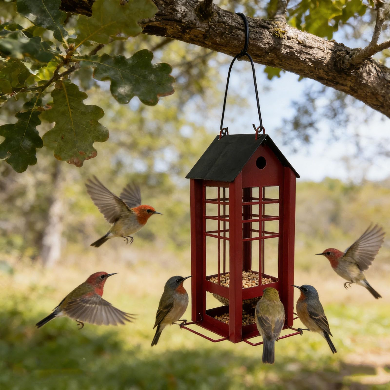 Attraente mangiatoia per uccelli in metallo rosso o con ampio supporto per cibo per uccelli selvatici nei giardini Fornitore per esterni Cortile riempimento semplice
