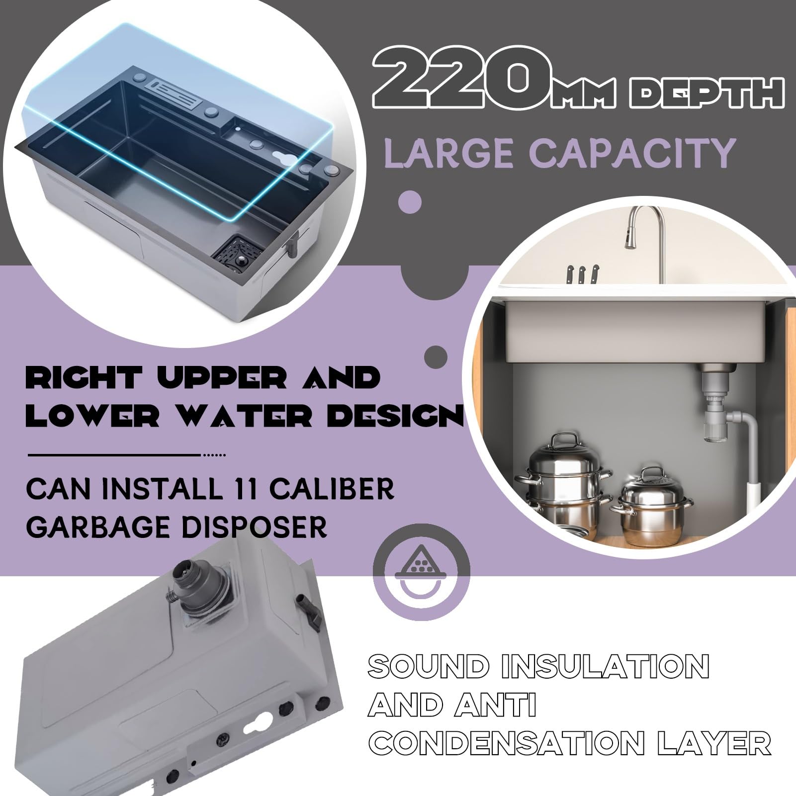 80X45cm Wasserfall spüle, Multifunktionale Spülbecken Schwarz, 1 Becken Spüle Küche Edelstahl Rechteck mit Zubehör wie Abflusskörbe, Siphon, Über- und Ablauf-Set
