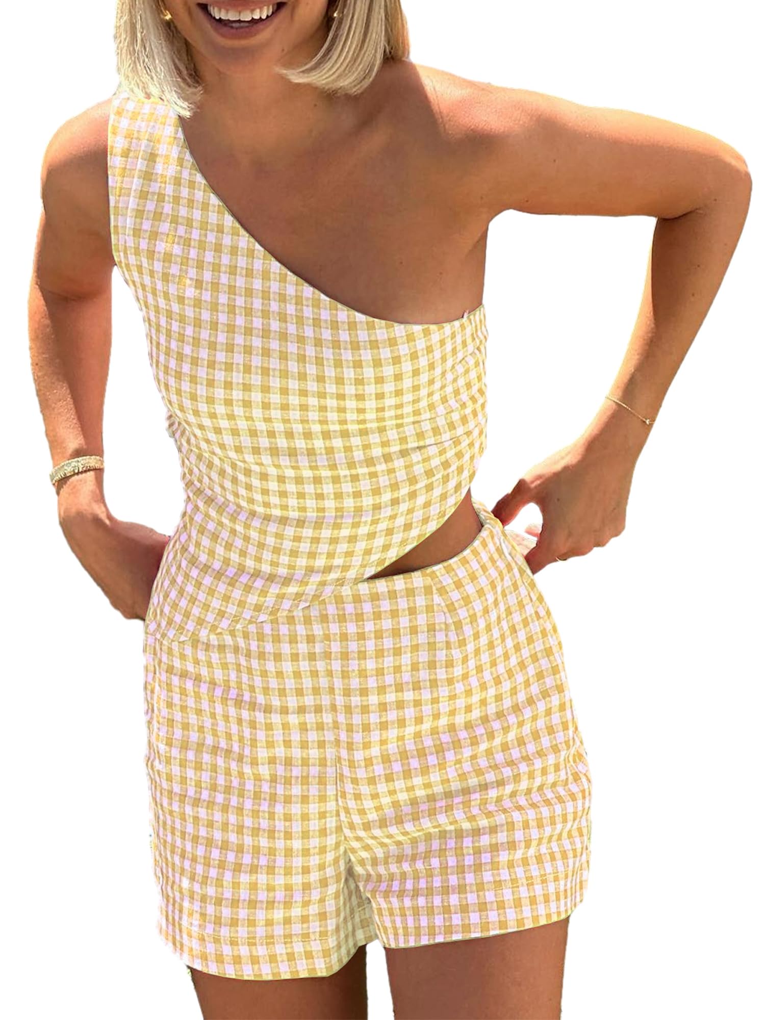 YILEEGOO Women's 2pcs Summer Outfit Gingham Co-ord Set Jumpsuit Plaid One Shoulder Tie Back Crop Tank Top Vest + Shorts Set (Yellow, L)