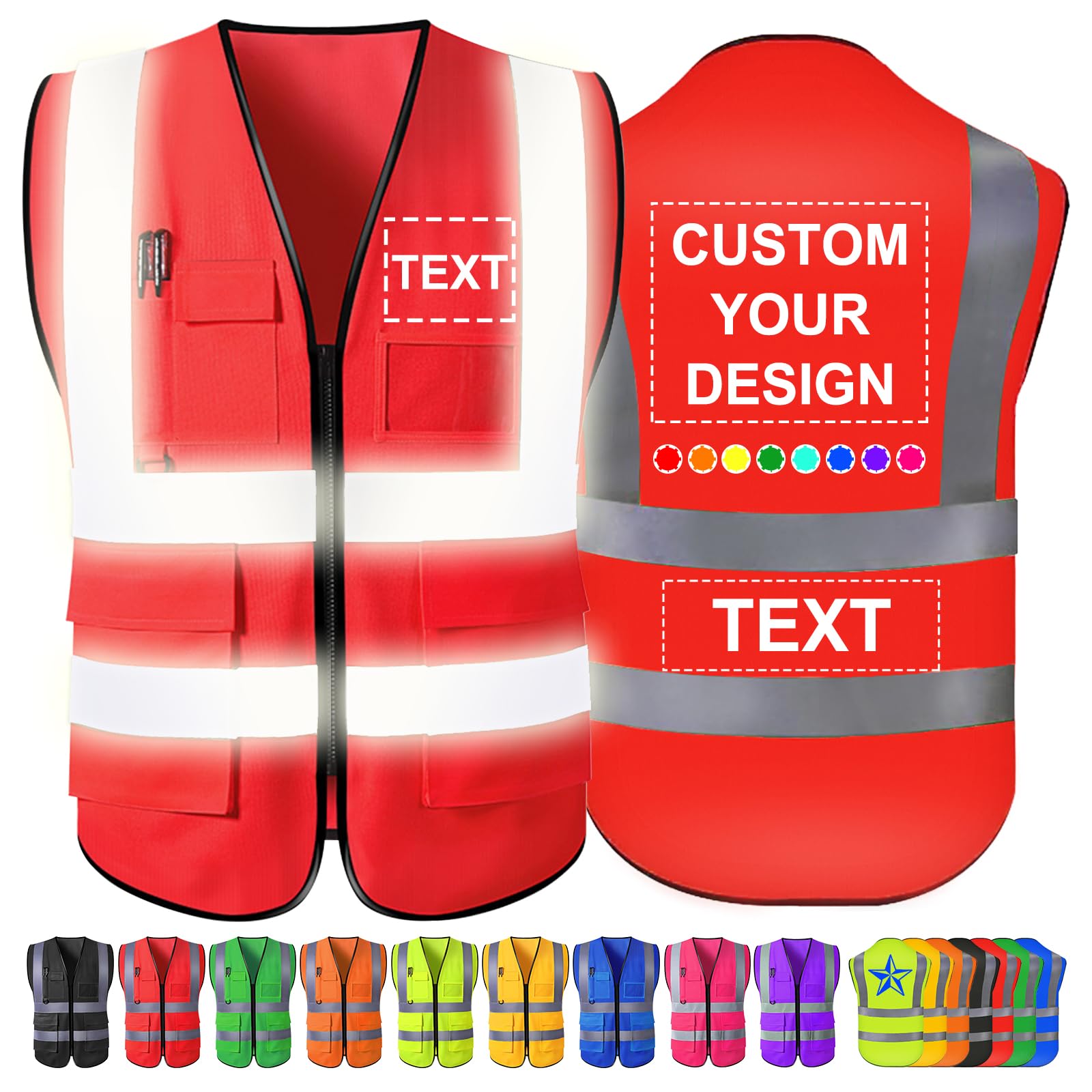 Custom Safety Vest Men Women High Visibility Reflective Personalised Logo Hi Vis Vests Pockets Zipper Construction Work,S-5XL