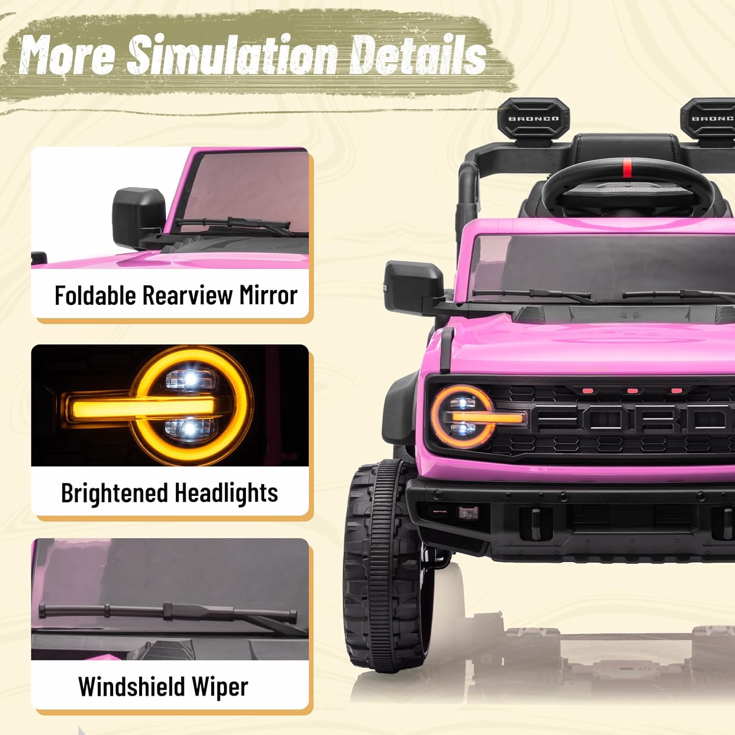 Close-up of the YOFE Ford Bronco Raptor 12V Kids Electric Car showing foldable rearview mirror, brightened headlights, and windshield wiper details