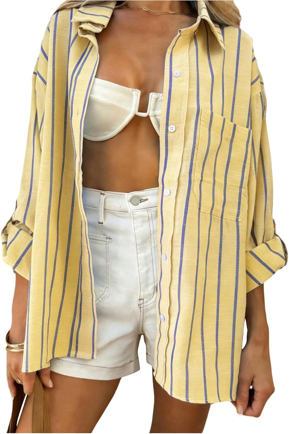Verdusa Women's Striped Button Down Blouse Oversized Shirts Long Sleeve Tops Summer Vacation Outfits