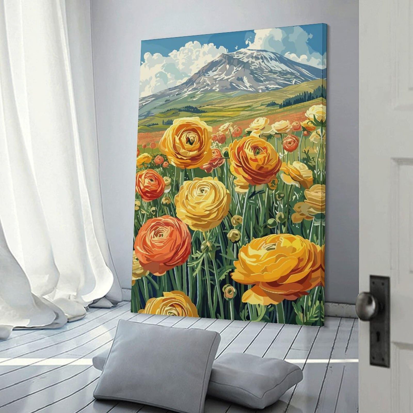 Junmoney Mountain Meadow Flowers Canvas Wall Decor 24x36inch(60x90cm), for Lounge, Study, Hallway Or Flat Walls, Canvas Wall Art That Fits Changing Layouts