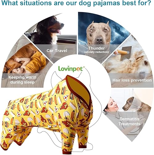 Miniatura 4 de LovinPet Pijamas para perros medianos, camisa posoperatoria, protección UV, estampado de hamburguesa amarilla, pijama ligera para mascotas, pijama