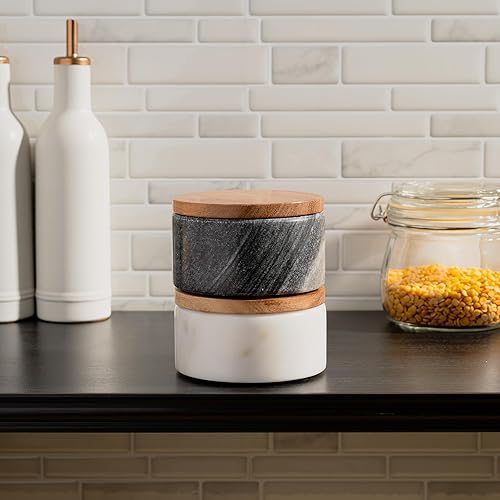 Miniatura 7 de Cork & Mill Cuencos de mármol para sal y pimienta, juego de 2 bodegas de mármol sólido blanco y gris con tapas y cucharas, recipientes elegantes