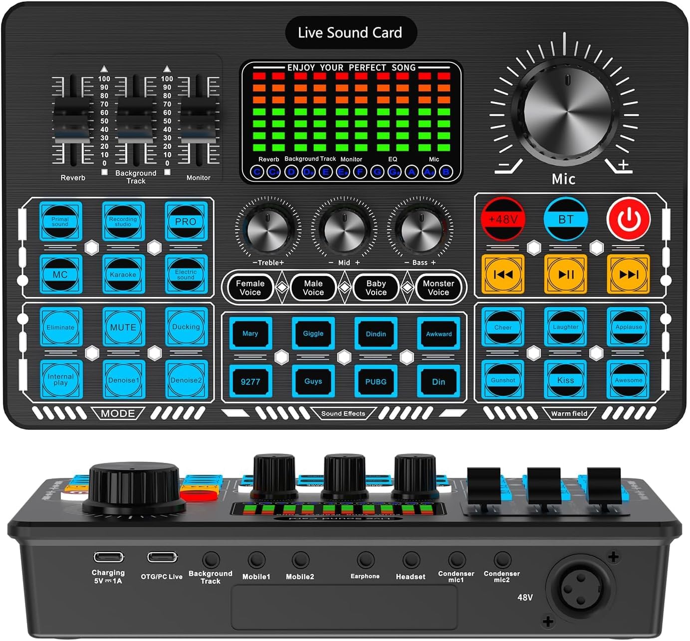 48v phantom power professional sound card & audio mixer for live streaming & home recording studio with bt, 4 voice change modes, denoise, 2 condenser mic inputs, output pc & dual mobile