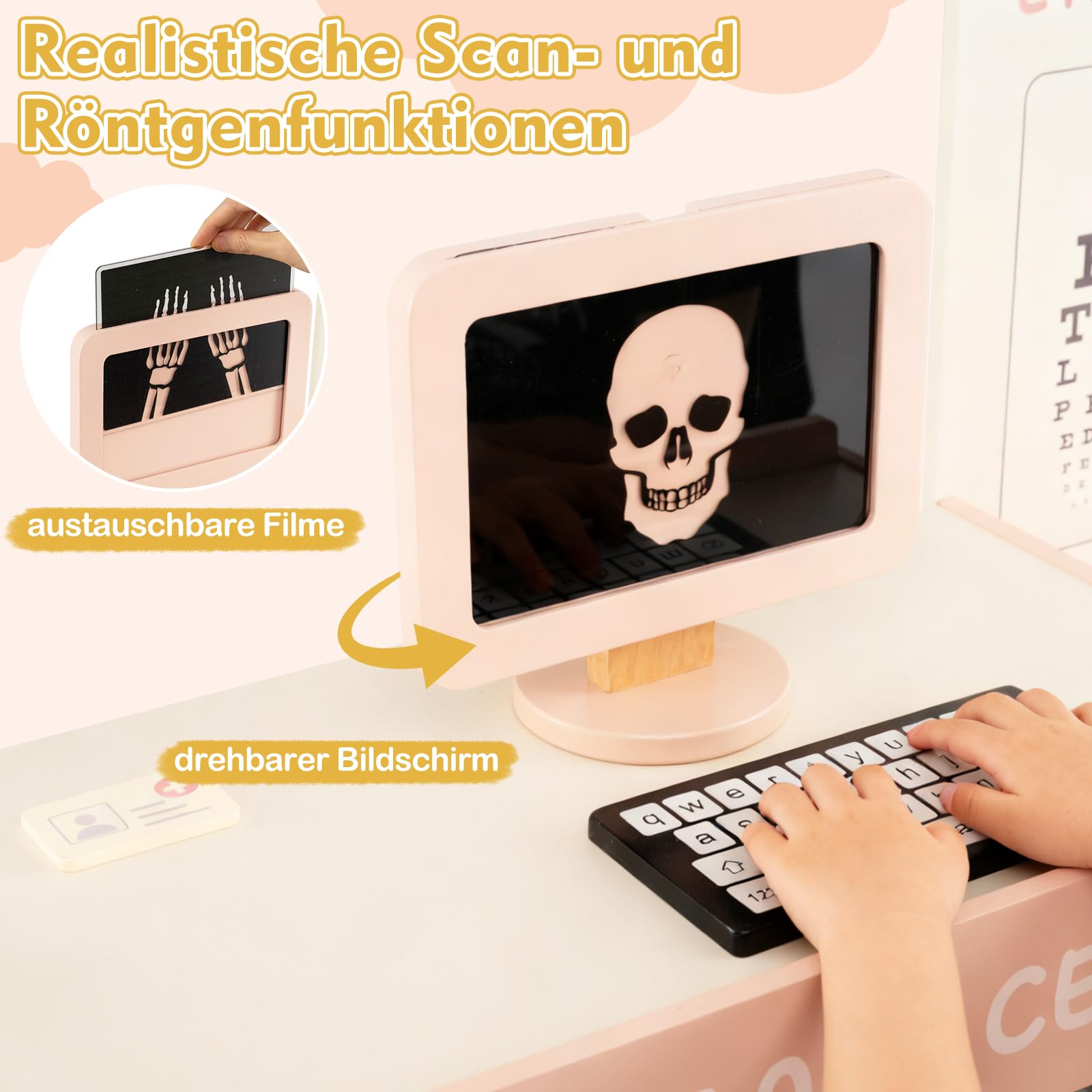 DREAMADE Arztspielset für Kinder, Krankenhaus aus Holz mit Sehtest, CT-Spielgerät & Röntgenapparat, Arzt Rollenspielzeug mit 20 Zubehörteilen für Kinder ab 3 Jahren (Rosa)