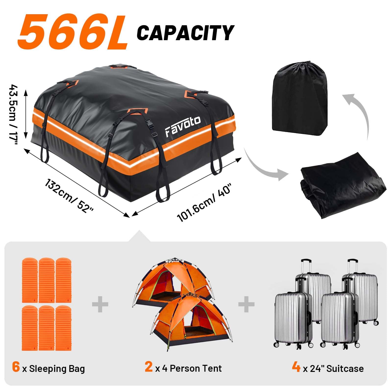 Favoto Dachbox 566L Faltbarer Dachkoffer wasserdichte Dachtasche mit Antirutschmatte Türhaken Verstärkungsgurte für PKW Autos SUVS mit/ohne Gepäckträger Reisen Gepäcktransport Schwarz-Orange