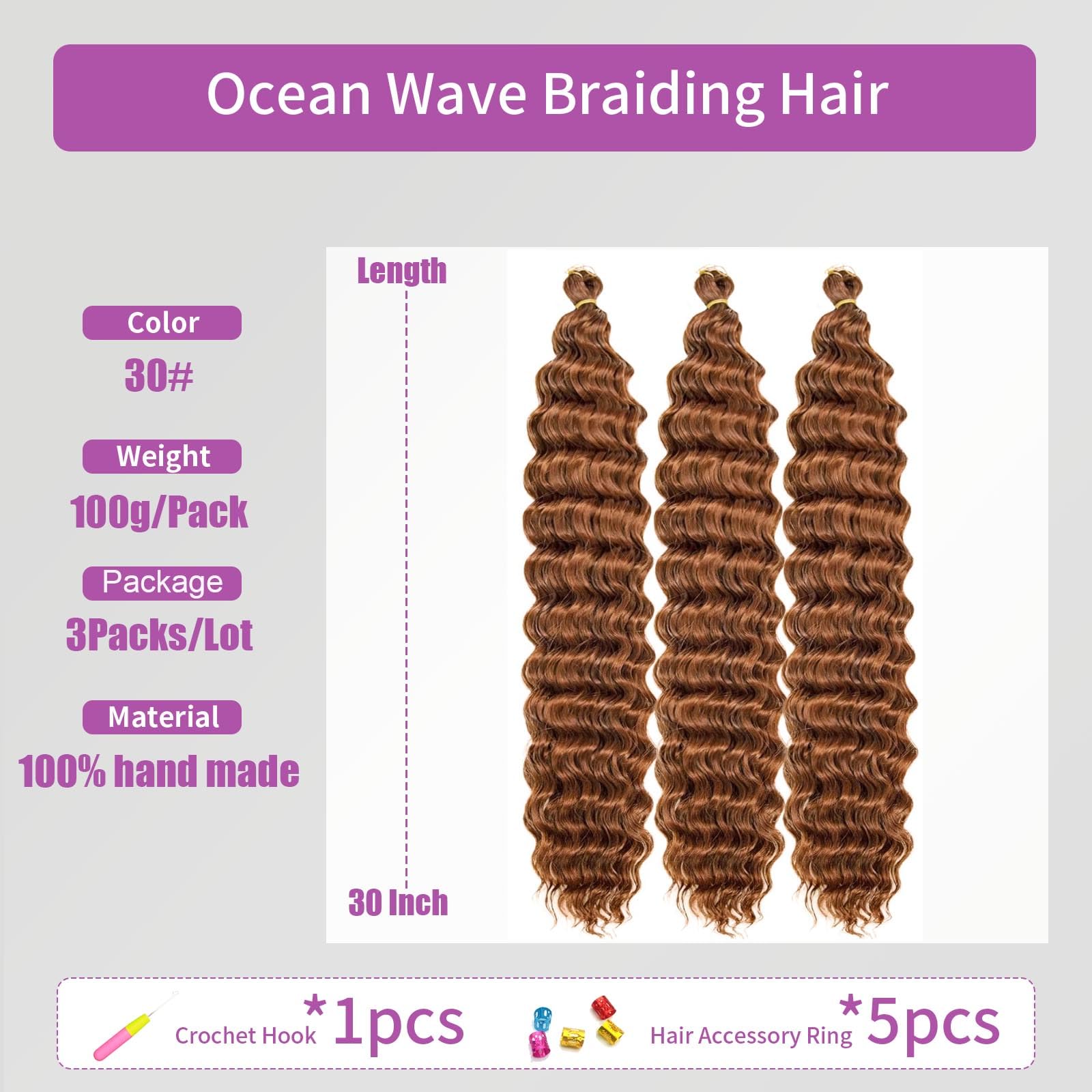 Ocean Wave Crochet Hair 3Packs Deep Wave Braiding Hair Curl Crochet Braiding Hair Extension Ocean Wave Braids Hair for women (30# - Image 2